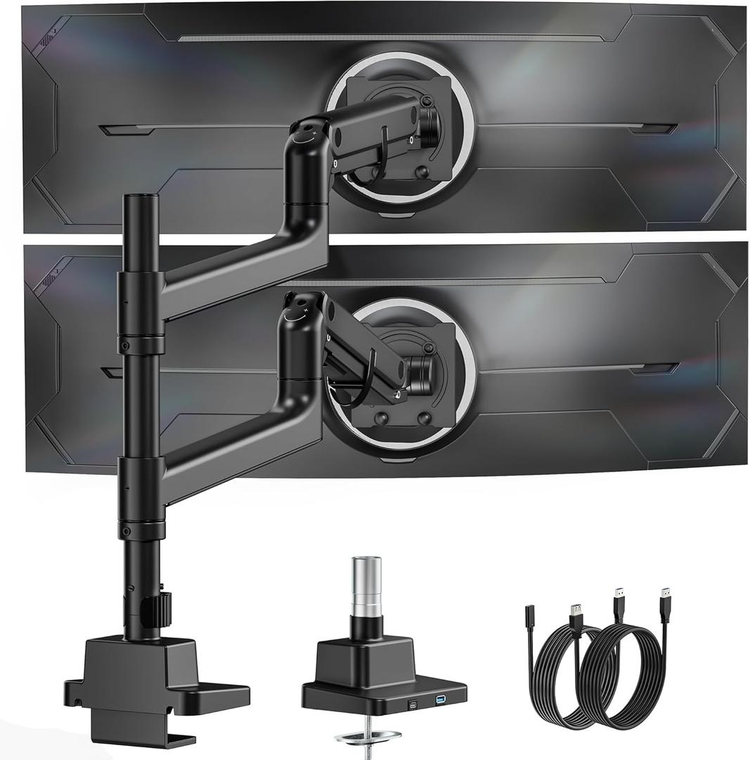 monTEK 17-57 Inch Dual Ultrawide Monitor Arm for Up to 59.4lbs Screen, Aluminum Heavy-Duty Gas Spring Vertical Stackable Curved Screen Adjustable Monitor Stand,75/100mm Vesa Mount, Black (with USB)