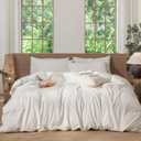 MooMee Striped Duvet Cover Set 100% Washed Cotton Linen Like Textured Breathable Durable Soft Comfy (White Almond Milk Grey Wide Stripes, King 104"x90")