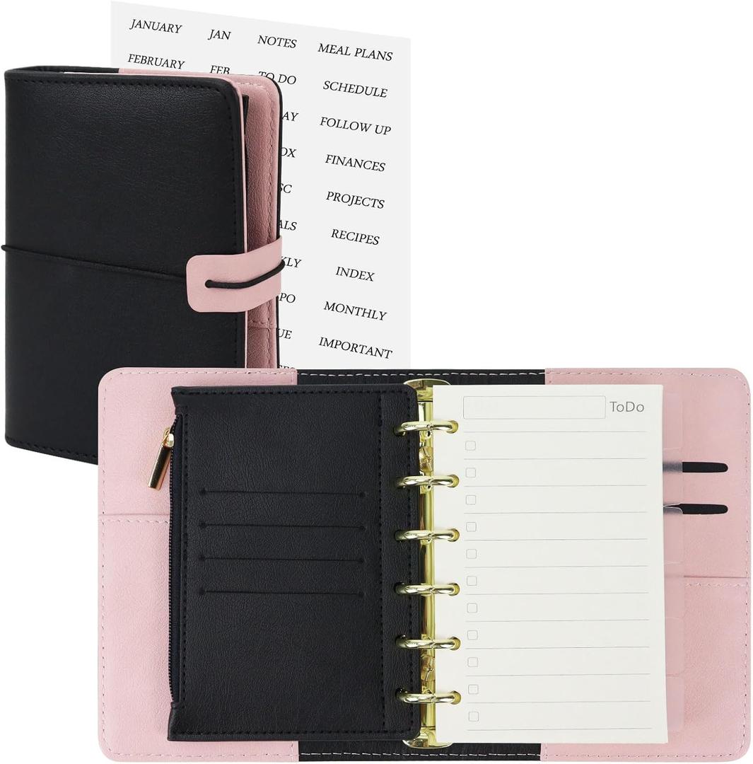 Koqye A7 Leather Binder 6-Ring with Zipper Pocket, Include Dividers & Refills Stickers, Black Refillable Planner Cover with Pockets (Black & Pink)