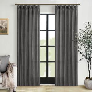 Pinch Pleated Charcoal Grey Linen Curtains 84 Inches Long 2 Panels Set for Living Room Bedroom Dining Pinch Pleat Back Tab Light Filtering Farmhouse Neutral Dark Gray Window Curtain Drapes W50xL84