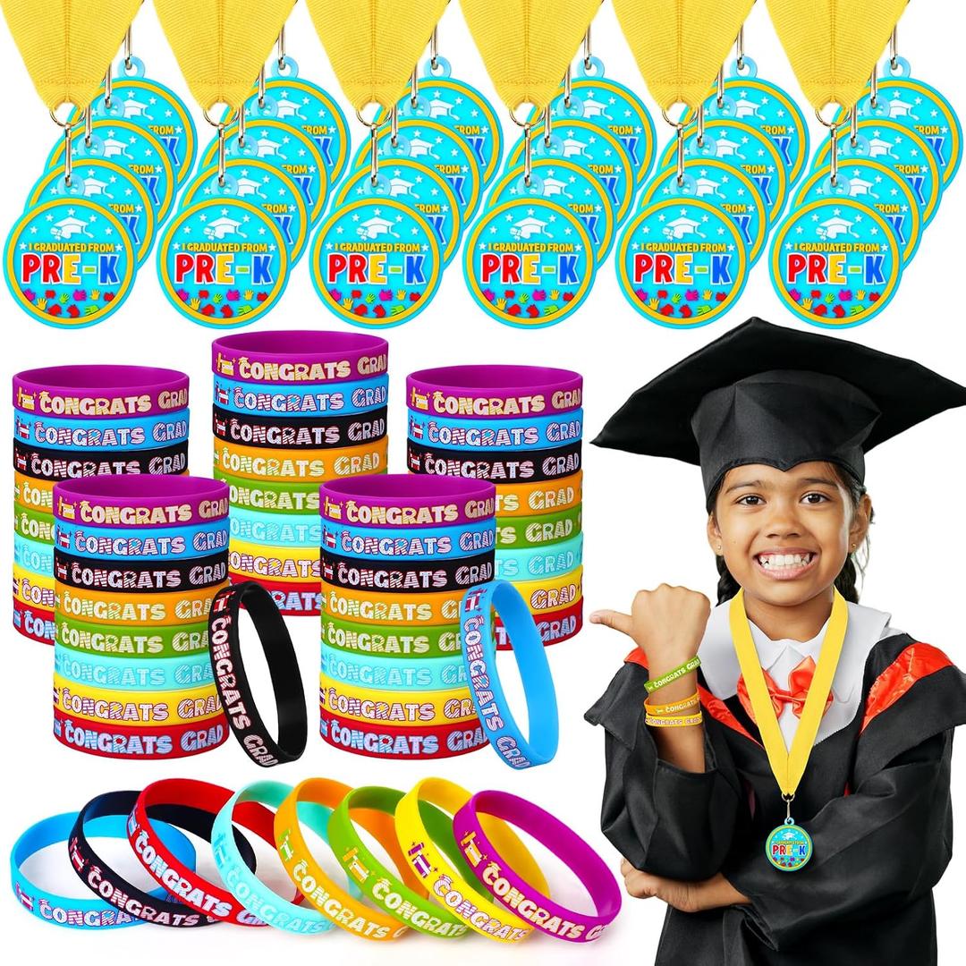 Jetec 48 Pcs Pre K Graduation Gifts Kindergarten Award Medal with Neck Ribbon Preschool Graduation Bracelet Wristbands for Class of 2026 Preschool Grad Party Exchange Gifts Rewards Supplies