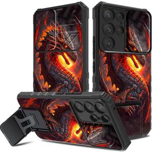for Samsung Galaxy S25 Ultra Case, Hidden Camera Cover Foldable Kickstand, Shockproof Anti-Scratch Anti-Fingerprint Slim Fit Full Body Protection Case for Galaxy S25 Ultra 6.9", Fire Dragon