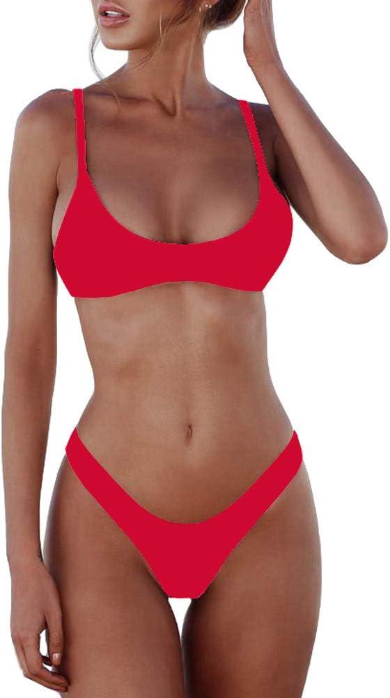 SherryDC Women's Solid Scoop Neck Push Up Padded Brazilian Thong Bikini Swimsuit, Red, (US 2-4) S