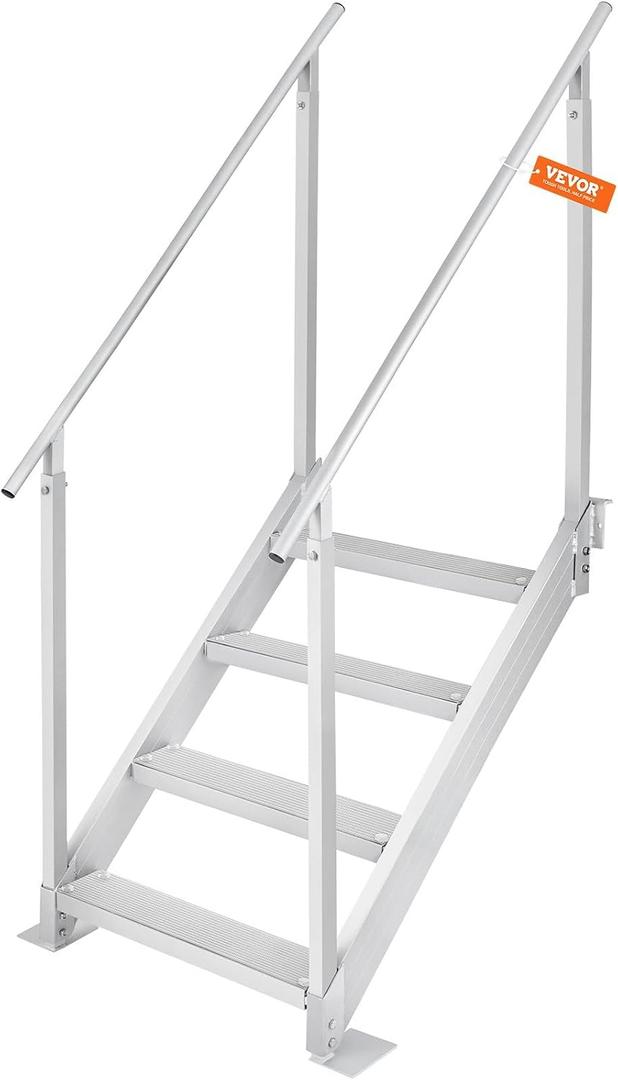 VEVOR Dock Stairs 4 Steps, 500lbs Load Pool Steps, Adjustable Height Aluminum Dock Ladders, Pontoon Boat Ladder with Handrails & Widen Nonslip Pedals for Lake/Pool/Marine Boarding/RV/House