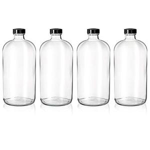 kitchentoolz 4 Pack - 32oz Boston Round Clear Glass Growler - with Phenolic Poly Cone Insert Caps - Tight Seal for Secondary Kombucha Fermentation