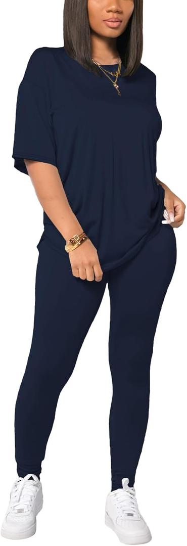 HBQ Women 2 Piece Outfits Summer Sweatsuits Drop Shoulder Tracksuits Biker Short Workout Jogger Sets (X-Large, Dark Blue)