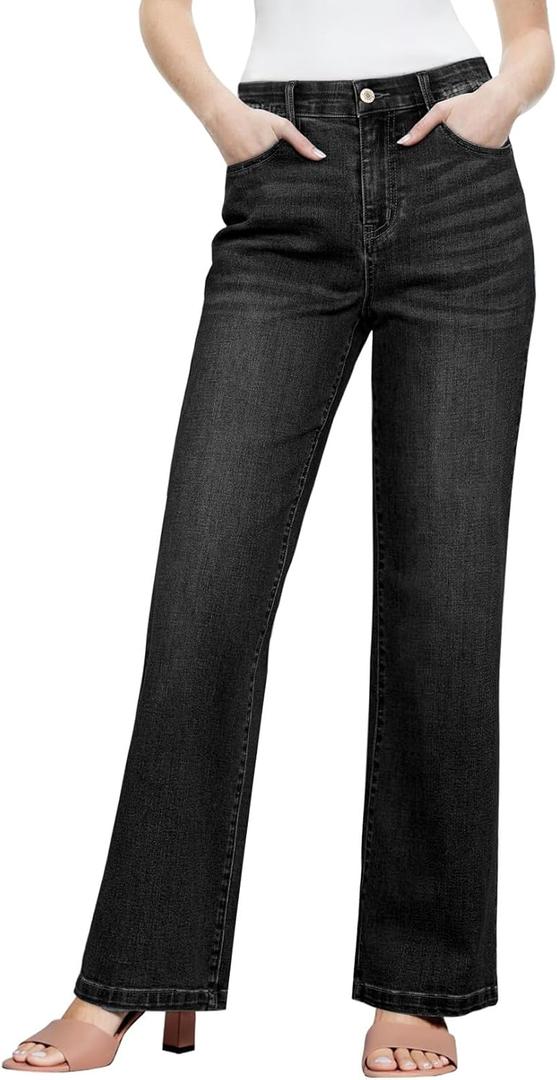 Sidefeel Women's Wide Leg Jeans High Waisted Tummy Control Stretchy Straight Leg Elastic Waist Trendy Denim Pants, Size 16
