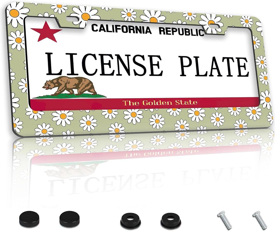 TUBAMQ Vintage Daisy License Plate Frames,Floral Flowers License Plate Frame Decorative Aluminum Car Tag Stainless Metal License Plate Holder Auto Accessories 2 Holes US Standard 12Inchx6Inch LPF-03