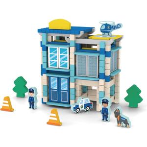 162PCS Wooden Building Blocks Set for Toddlers, Construction City Stacking Toys, Preschool Learning Educational Toys for Kids 3+ Years Girls and Boys (Police Station)
