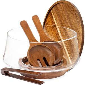 Large Glass Salad Bowl with Lid Set, 5.7 L Decorative Glass Mixing Bowl, Trifle and Serving Bowls with Lids as Cheese Charcuterie Board and Plate, Comes with Wood Serving Utensils