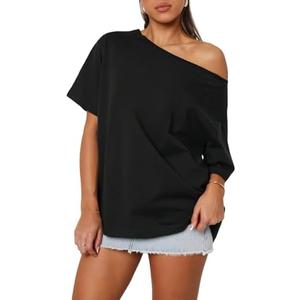 Dressmine Women's Off The Shoulder Tops Oversized Tshirts Short Sleeve Shirt Trendy Summer Boat Neck Top Size S
