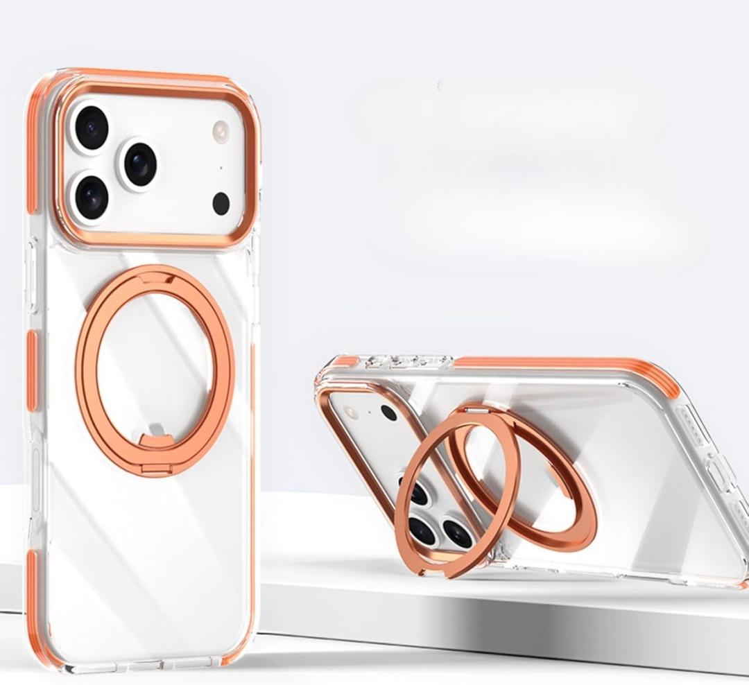 for iPhone 17 Pro/17 Pro Max Transparent Case,with 360 Degree Rotating Ring Bracket, Military Grade Shockproof Protective Rugged Phone Cover (Orange,17 pro)