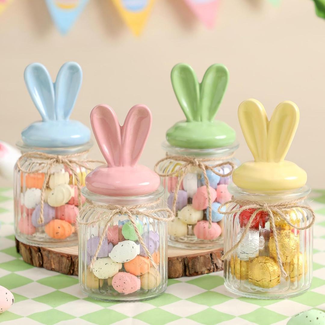 Easter Bunny Candy Jar Decorations - 4 PCS Glass Candy Jars with Bunny-Shaped Ceramic Lids - Airtight Glass Containers for Chocolate, Mini Eggs, Easter Table Centerpiece Decorations(6.7 * 3.1in)
