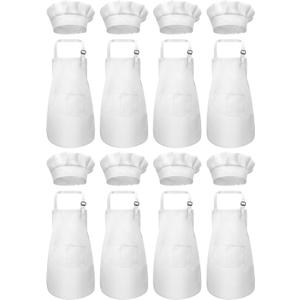 SATINIOR 8 Set Kids Apron and Chef Hat Set Kids Apron with 2 Pockets Adjustable for Boys Girl's Cooking Baking Painting (White, S for 2-6 Age)