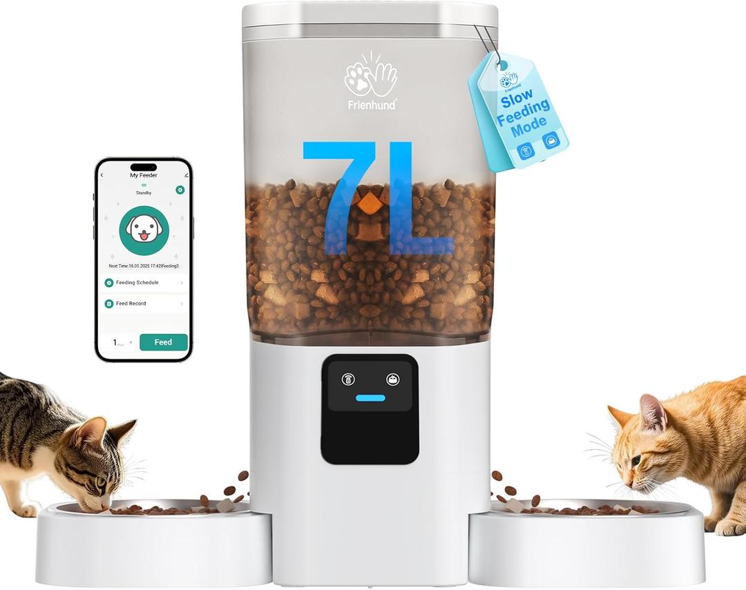 Automatic Cat Feeder 2 Cats with Slow Feed: Dual Automatic Dog Feeder with 5G WiFi, Cat Food Dispenser with APP Control for Multiple Pets, Detachable for Easy Clean, Double Pet Bowl - 29 Cup (White-1)