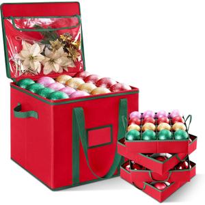 GRANNY SAYS Christmas Ornament Storage Box, Ornaments Organizer with 4 Trays, Xmas Ornament Storage Container, Stores Up to 64-3" Ornaments, Adjustable Dividers, Dual Zipper Closure, 600D Oxford, Red