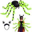 Halloween Green Light-Up Spider Costume for Kids & Adults, LED Giant Spider Backpack with Headband, Creepy Spider Outfit with 60 Lights, Halloween Party Trick or Treat Gear Battery Required