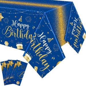 Tudomro 3 Pcs Happy Birthday Tablecloths Happy Birthday Party Decorations Plastic Table Cover Rectangular Cloths for Women Men Baby Shower Party Supplies, 108 x 54 Inch (Blue Gold)