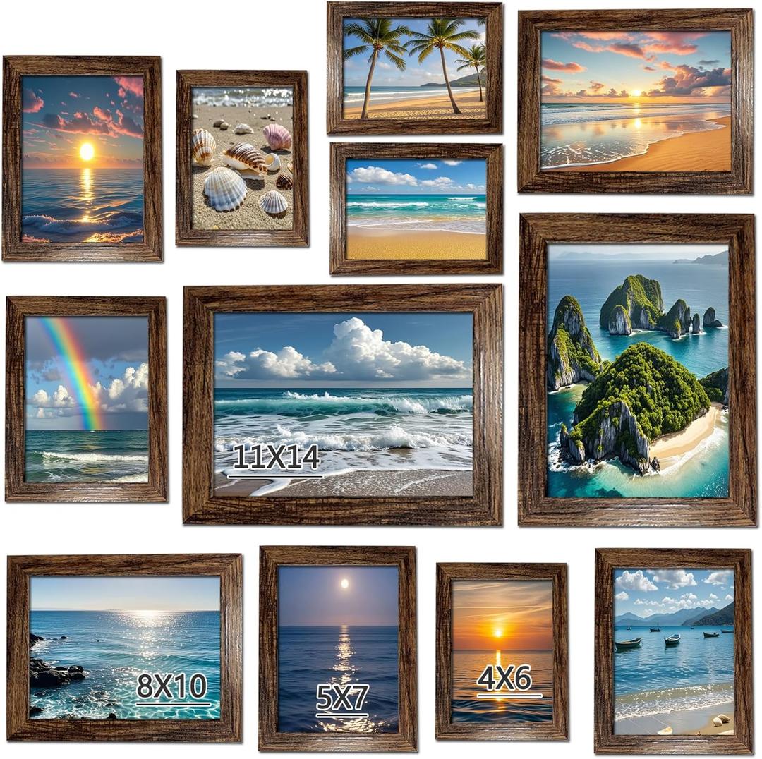 12 pack assorted gallery wall picture frame,rustic farmhouse wood picture frames multiple sizes including 4x6, 5x7, 8x10, 11x14, Ideal for living room hanging or tabletop display,Dark Brown