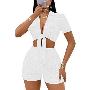 MSLG Women's Sexy 2 Piece Set Solid Summer Bodycon Suit Casual Tie Front Short Sleeve V Neck Crop Top Shorts Outfits Sets S42 (White, Medium)
