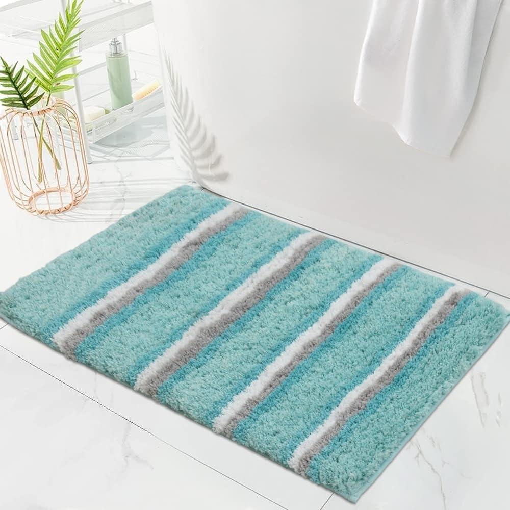 Water-Absorbent & Machine Washable Bathroom Rugs Non Slip Backing, Size: 17"X24" | Thick Plush Luxurious Shaggy Mat with Cushioned Feel Underfoot, Striped Pattern Aqua Blue Color