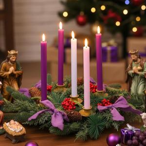 Suncalla 6 Pcs Purple Bow Christmas Advent Wreath with 5 Flameless Advent Candles, 11.8" Wreath with Remote, Flickering Flameless Candles for Candle Holder Holiday School Church X-Mas Celebration