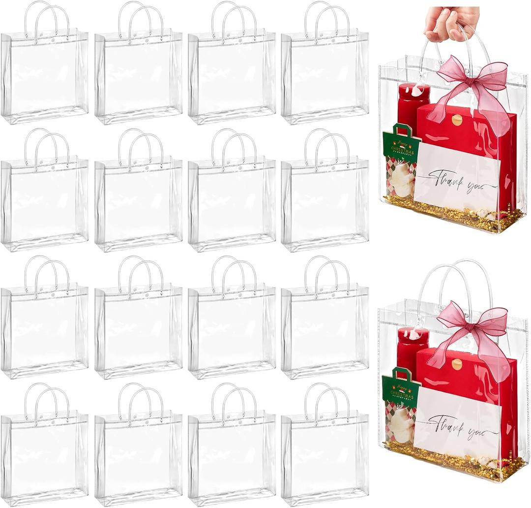 Jutieuo 20 Pack Clear Plastic Gift Bags with Handles, 9.8" x 9.8" x 3.5" Reusable Transparent Party Favor Bags PVC Goodie Bags Bulk for Wedding, Baby Shower, Birthday