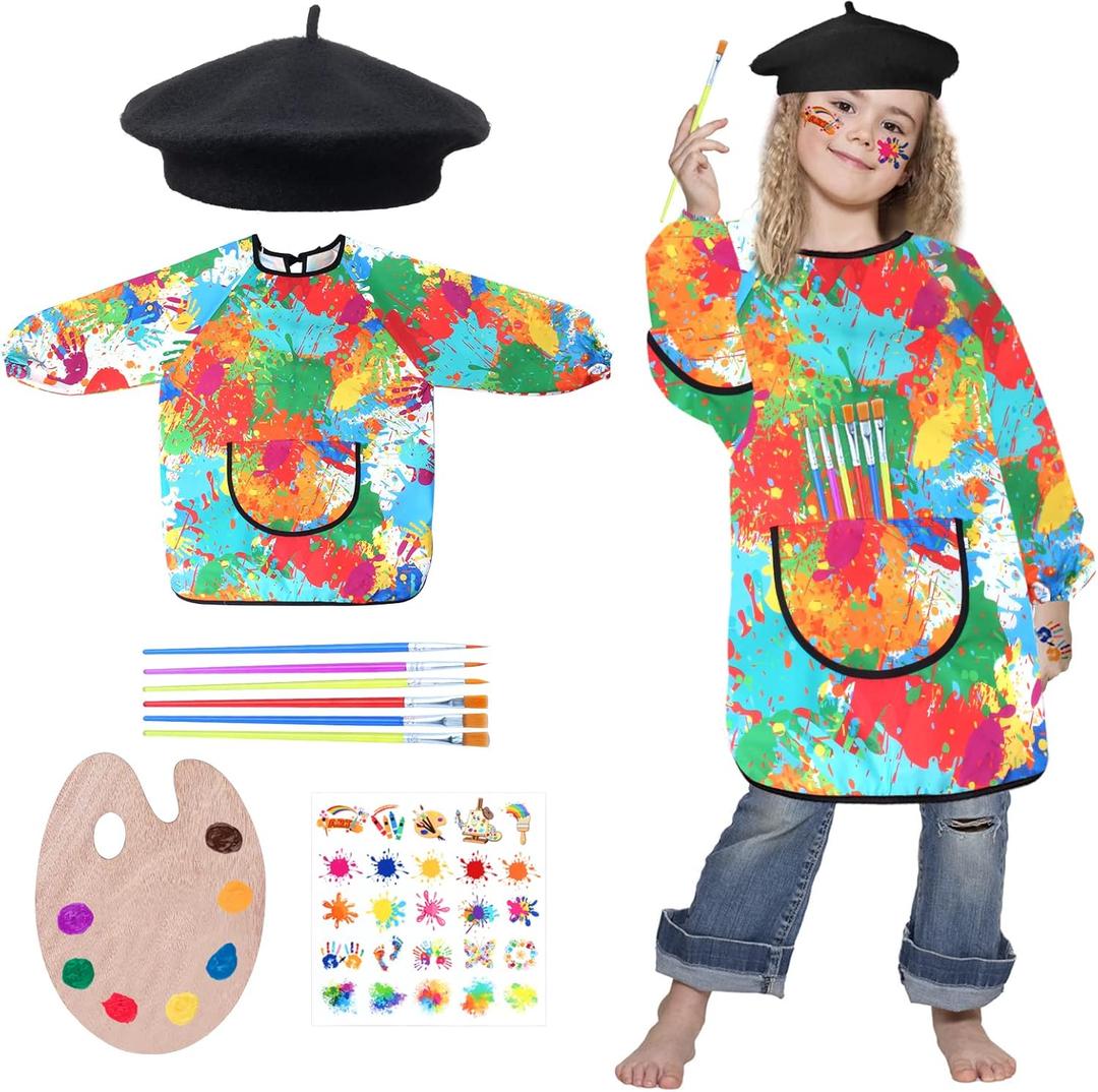 Artist Costume for Kids 5 Pcs Painter Costume With Beret Smock Palette Stickers For Halloween Career Day Dress Up