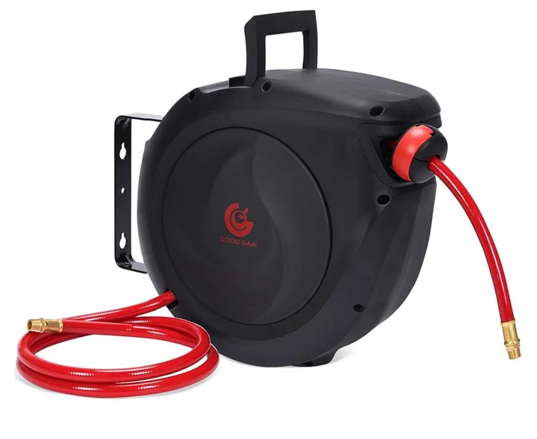 Air Hose Reel Retractable 50ft - Air Compressor Hose Reel 3/8in Hybrid Polymer Hose | 5IN Lead in with Brass Fittings | Ceiling/Wall 180° Swivel Mount Heavy Duty for Garage Workshop | Max 300 PSI, Red