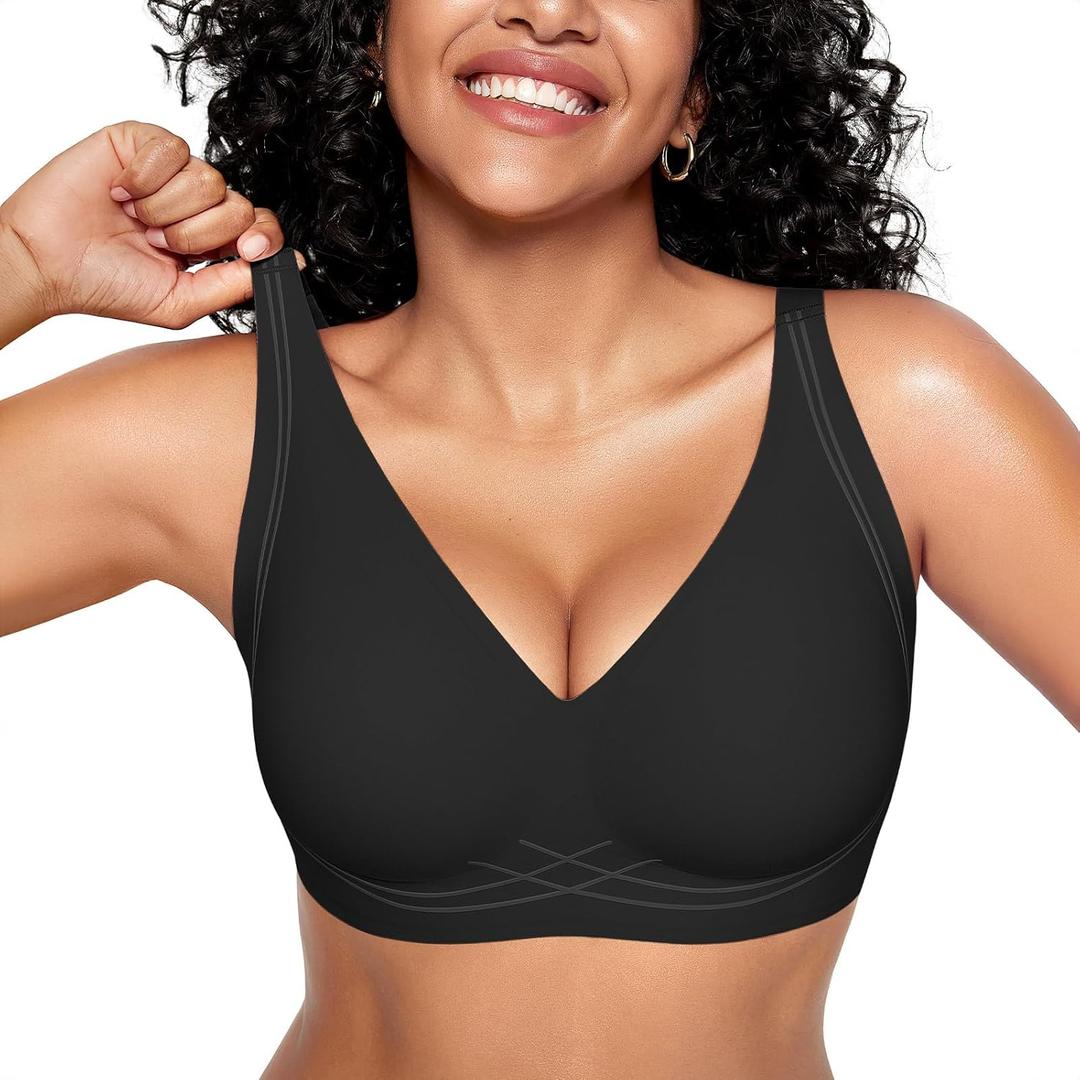 Seamless Wireless Bras for Women Full Coverage Push Up Bra Comfortable No Underwire Bralettes Deep V with Support and Lift (XX-Large, Black)