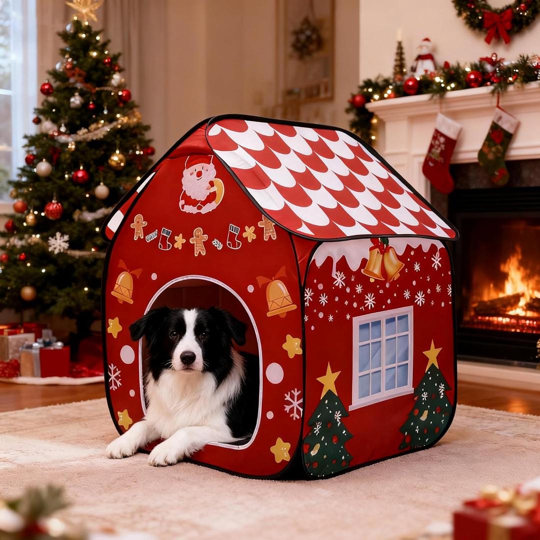 LUCKITTY Foldable Indoor Dog House with Christmas Design - Portable Pet Shelter for Dogs, Ideal for Living Room & Bedroom Holiday Decor