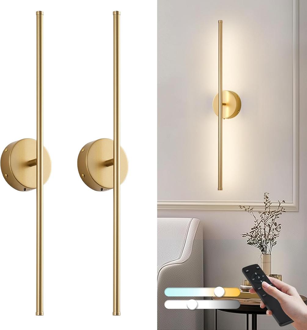 Removable Battery Operated Wall Sconces with Remote Control 350Rotate LED Wireless Wall Lights with 3 Color Temperatures & Dimming for Bedroom, Hallway,28.3 Inch (2 Pack) (Gold)