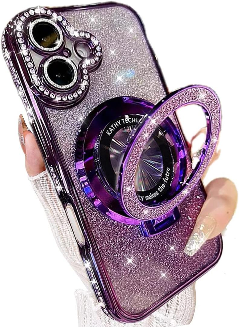 for iPhone 17 Magnetic Kickstand Case, [Compatible with Magsafe] Shockproof Cute Bling Glitter Diamond Rhinestone Ring Holder Camera Protector Soft Cover for Girl Woman for iPhone 17, Purple