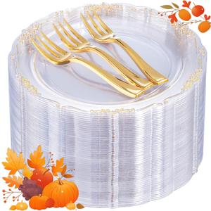 LIYH 200 Pcs Clear Gold Plastic Dessert Plates 7.5"and Cake Forks 5" - Clear Small Cake Plastic Plates and Gold Forks for Parties Wedding Birthday (200Pcs(100 Guests))