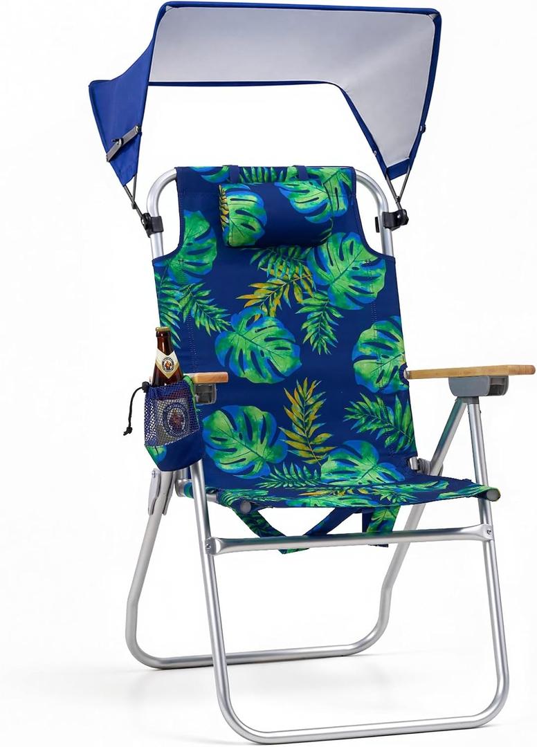17" Tall Beach Chair with Canopy Shade,Support to 350LBS, Green Leaf