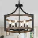 6-Light Farmhouse Chandelier, Metal Faux Wood Hanging Pendant Lighting, Convertible Semi Flush Mount Ceiling Light Fixture Rustic Black Chandeliers for Dining Room Kitchen Foyer Entryway