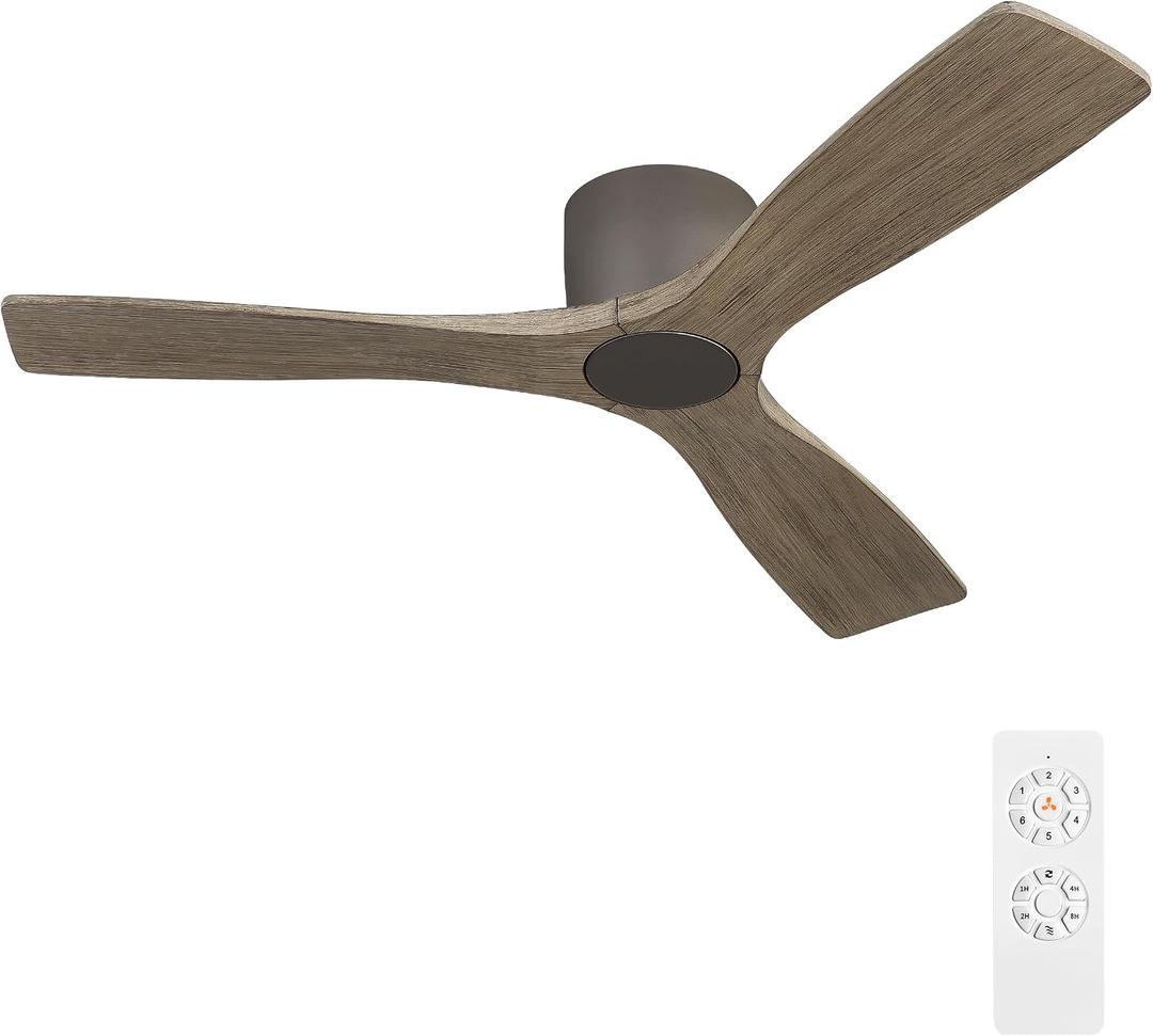 WINGBO 48 Inch Flush Mount DC Ceiling Fan without Lights, 3 Carved Wood Blades, 6-Speed Noiseless Reversible DC Motor, Hugger Ceiling Fan No Lights in Graphite Finish with Gray Blades, ETL Listed