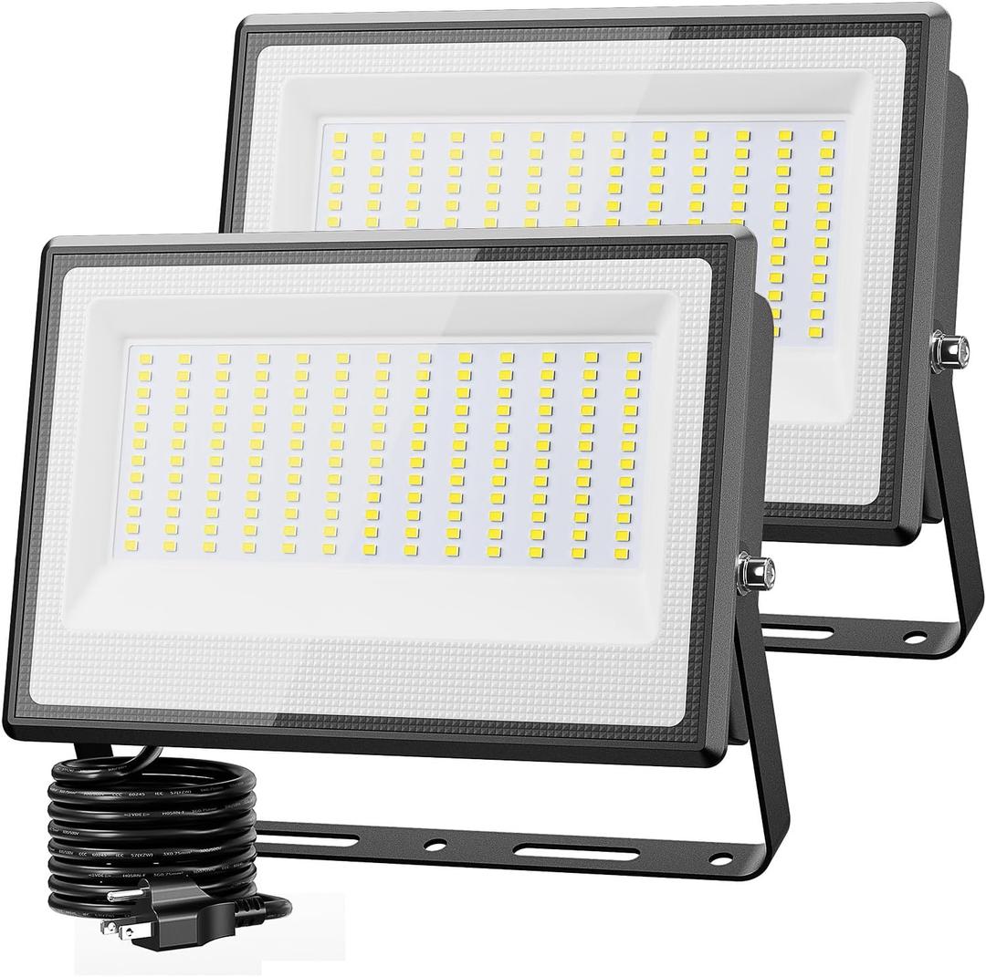 Olafus 2 Pack 150W LED Flood Light Outdoor, 13500LM Super Bright Work Lights Plug in, 6500K, IP66 Waterproof Exterior Floodlight for Stadium Yard Barn