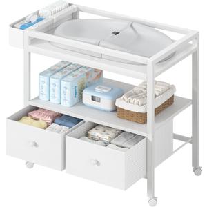 BOLUO Baby Changing Table with Storage, White Baby Dresser with Changing Table Top, Diaper Changing Station with 2 Fabric Drawers for Nursery Modern, Overall Dimension : 33.3"w X 17.7"d X 37.2" H