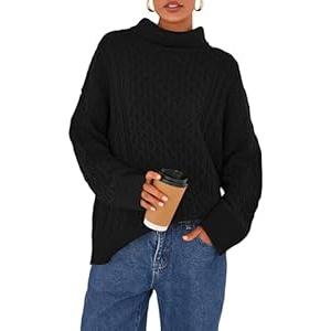 BTFBM Casual Women Fall Sweaters 2025 Long Sleeve Turtleneck Ribbed Knit Pullover Loose Cable Knit Sweater(Black, Medium)