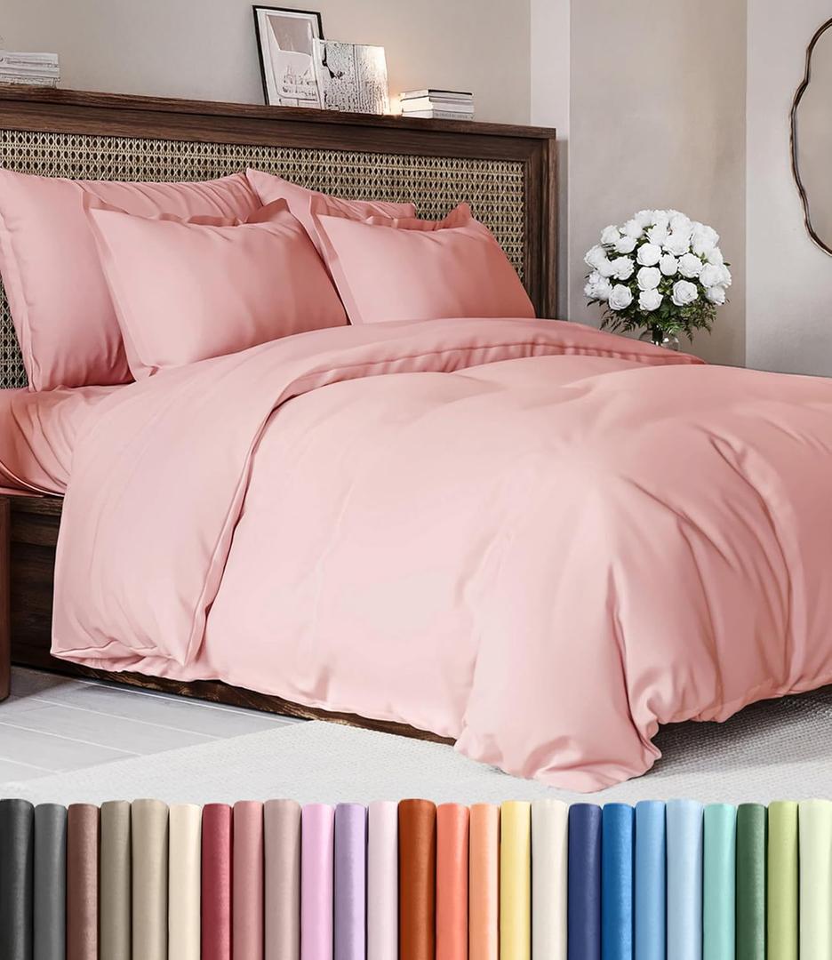 Duvet Cover Queen Size Set - Extra Soft Queen Duvet Cover 90" x 90" with 2 Pillow Shams - Hotel Luxury, Easy Care & Fade Free w/ Zipper Closures & Ties - All Season, Comfy and Breathable (Baby Pink)
