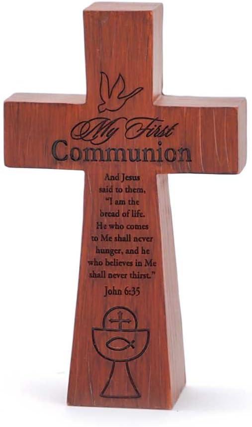 Dicksons My First Communion Woodgrain 5 x 3 Resin Stone Table Top Cross