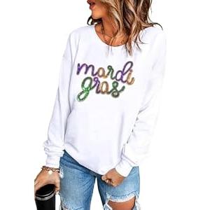 SELINK Womens Mardi Gras Sweatshirt Oversized Crewneck Sequin Long Sleeve Casual Pullover Tops White Sequined-XL