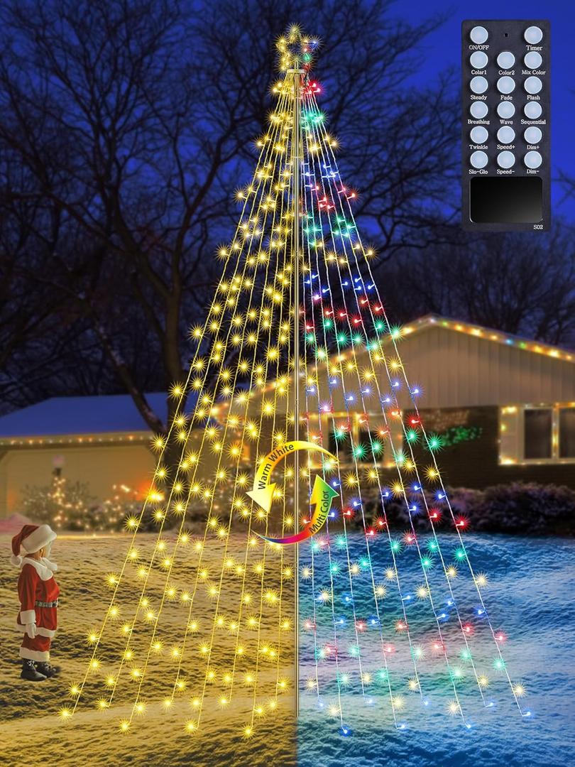 Flacchi Christmas Outdoor Star String Lights - Pole Set with Remote, Multiple Lighting Modes, Timer, and Waterproof Feature (Warm White&Multicolor, 16FT/664LED)