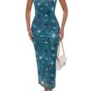Rooscier Women's Strapless Long Dress Mesh Bodycon Summer Wedding Guest Dresses (Blue, L)