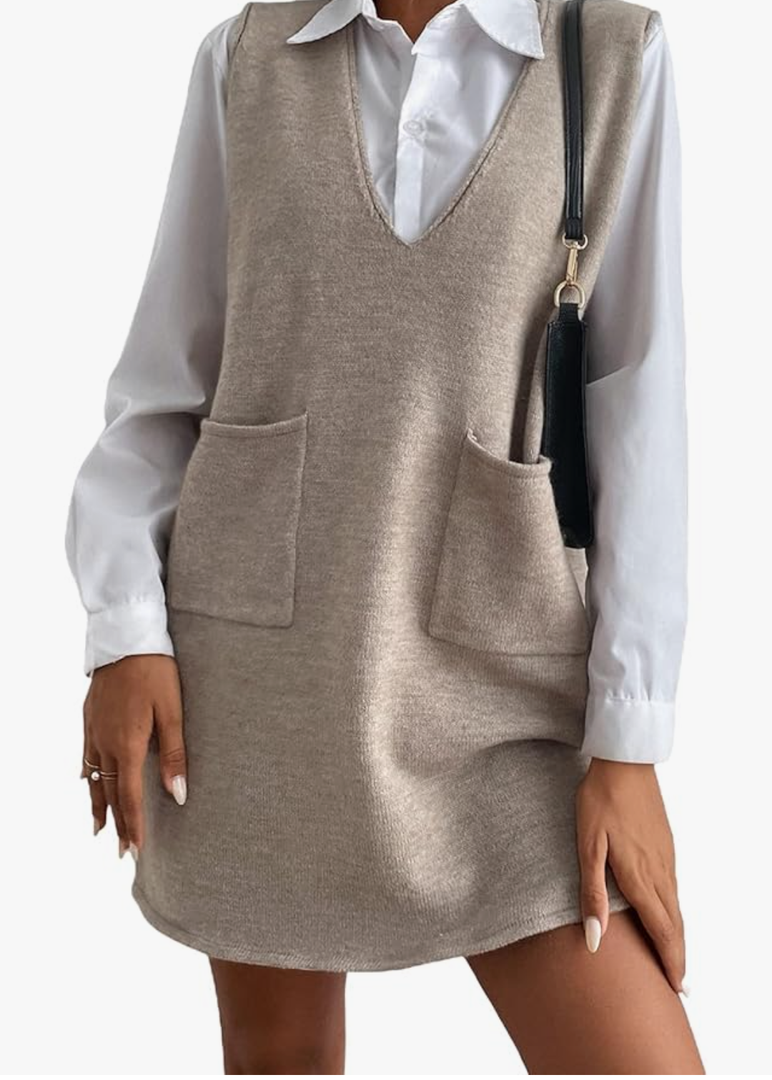OYOANGLE Women's V Neck Sleeveless Knitted Solid Short Sweater Dress with Pockets Size Medium, Khaki 