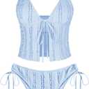 ZAFUL Tankini Swimsuits for Women Smocked Ruffles Tie Front Bowknot Textured High Cut Tanga Tankini Set (Medium, Re-light Blue)