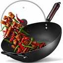 Wok, 13 Inch carbon steel woks & stirfry pans nonstick, PreSeasoned 5.8QT Flat Bottom Chinese Wok Paella Pan with lid, Carbon Steel Cookware, Compatible with All Cooktops