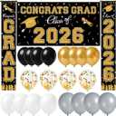 WOHOHOHO 23Pcs Graduation Decorations 2026 Set, Black Gold Porch Door Sign GRAD Banner, Class of 2026 Backdrop, 5 Colors Large Balloons, Party Supplies for High School College Indoor Outdoor Decor