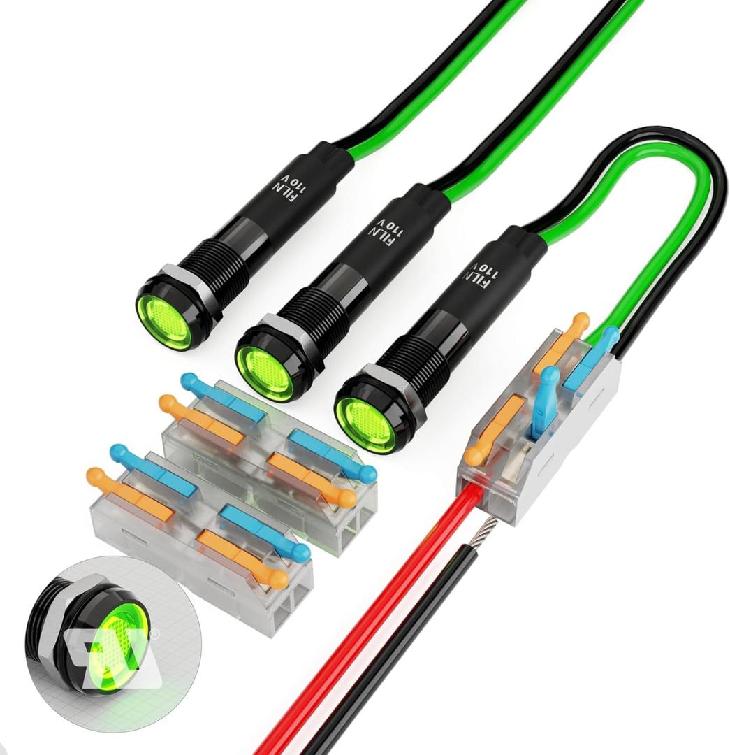 3 Pcs LED 8MM (5/16'') 110V Metal Indicator Light Pilot Lights Black Anodized Waterproof ip67 Red Green Yellow Bule White Signal Lamp(Black Anodized Green 3 Pcs)